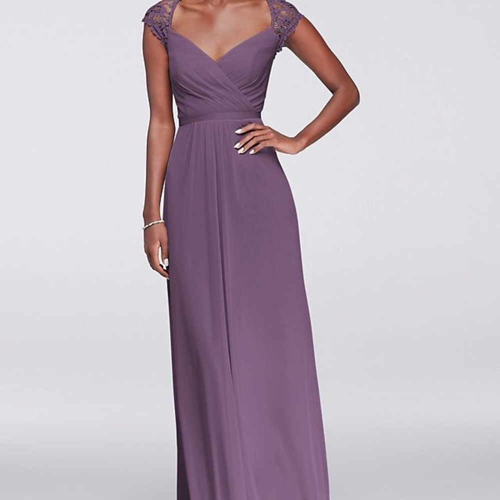 Long mesh dress with lace cap sleeves